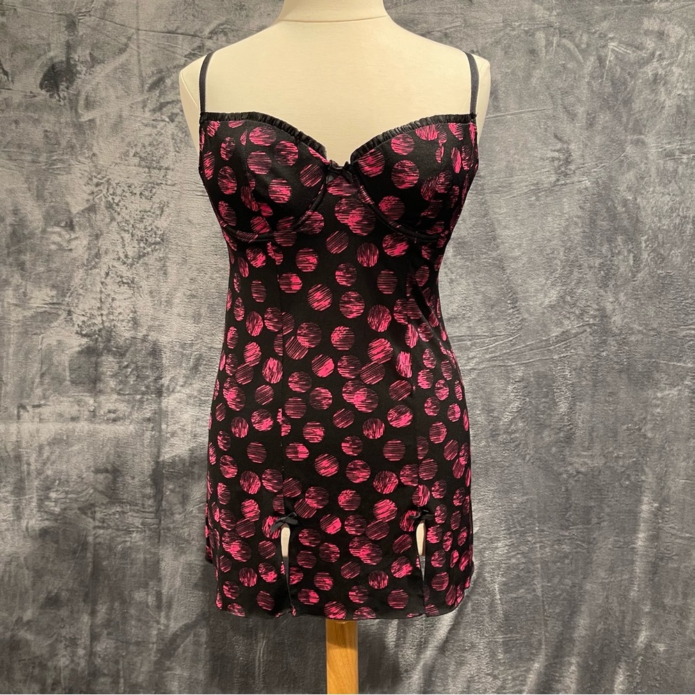 Smart & Sexy 38C Black and Pink Polka Dot Lingerie Dress Underwire Baby Doll